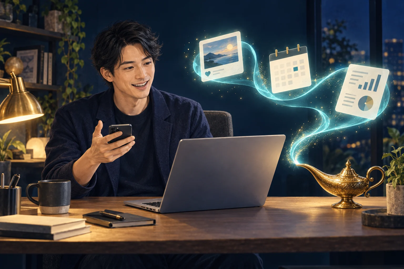 机でスマホとパソコンを使い、ランプの光とともに投稿・予定・レポートのアイデアが広がる利用者のイラスト