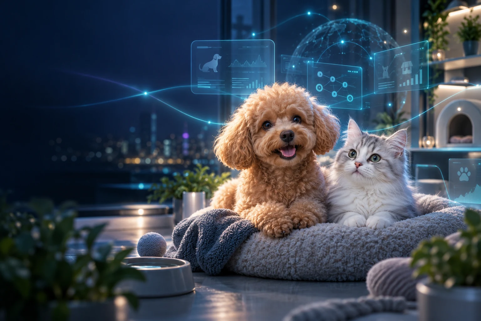 わんちゃん・ねこちゃんとAI・業務システムが共存する未来的な空間のイメージ