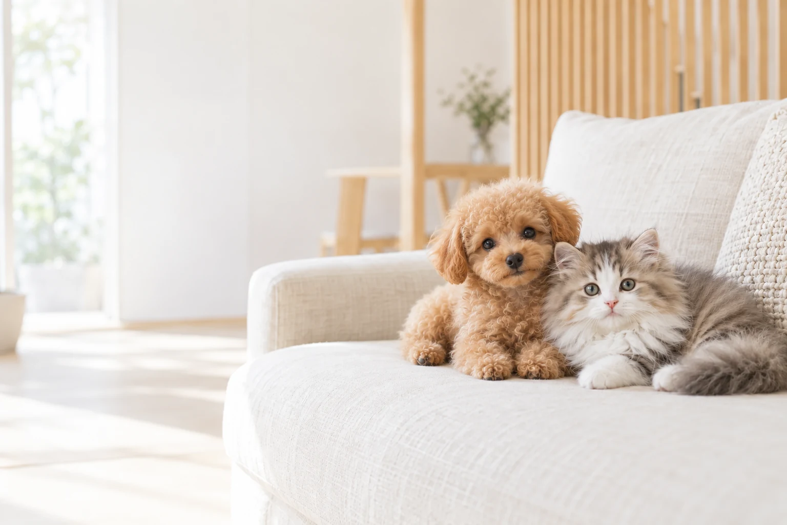 やわらかな光の中で並ぶ子犬と子猫のイメージ